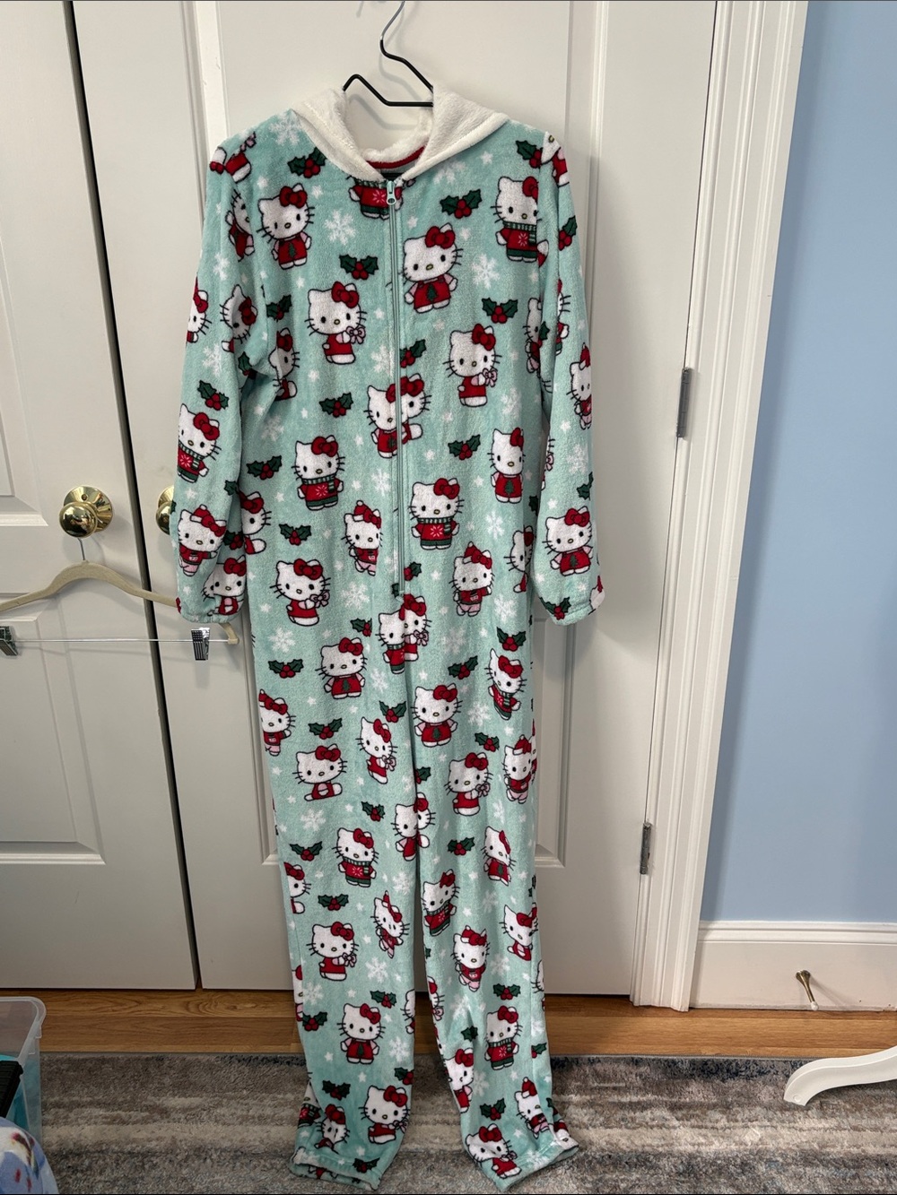 Hello Kitty Mint Green Plush Hooded Onesie Christmas Pajamas